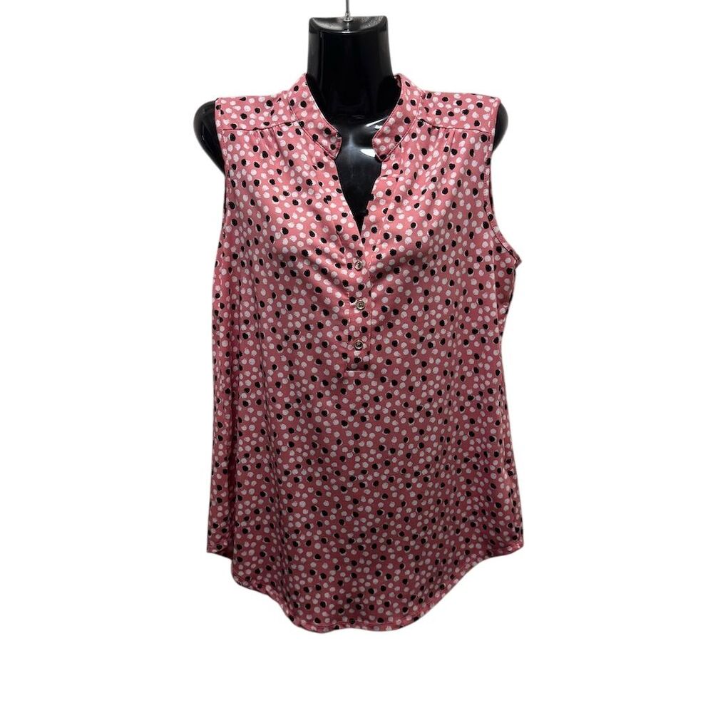 Perseption Concepts Women's Pink‎ Polka Dot Ruffle Neck Sleeveless Blouse L